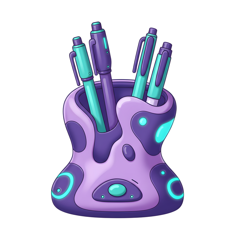 A cartoon styled pencil holder is holding four colorful pens, and it may be used for office or school supplies and organization. png