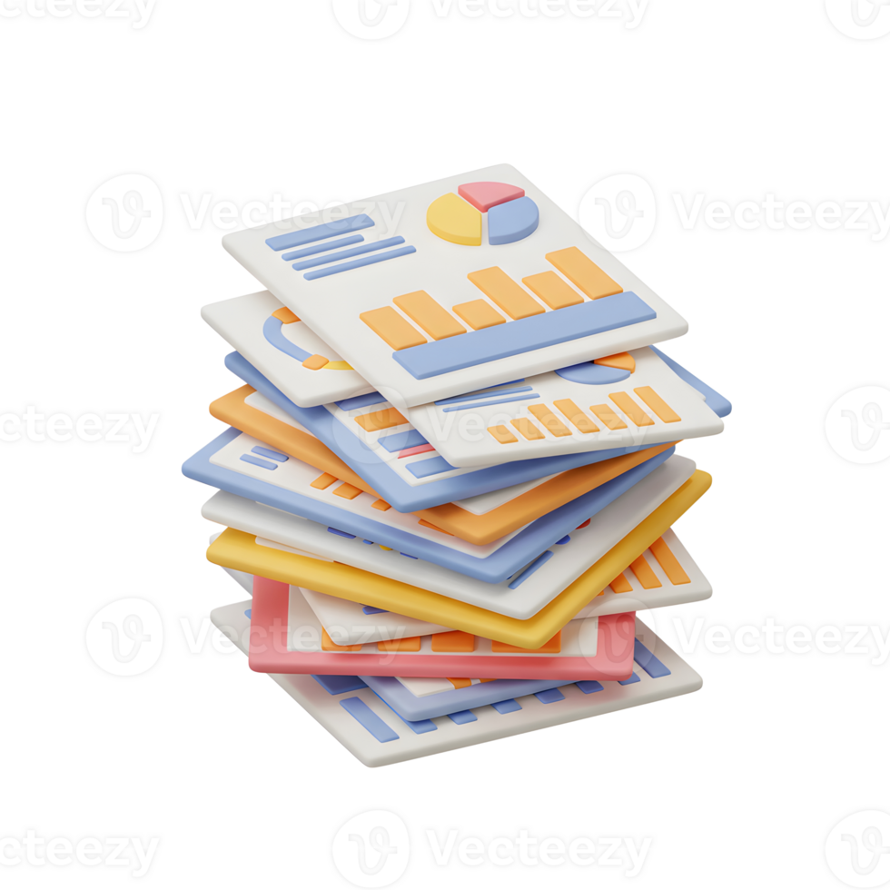 A stack of colorful documents showcases charts and graphs, representing data analysis and reporting for business purposes. png