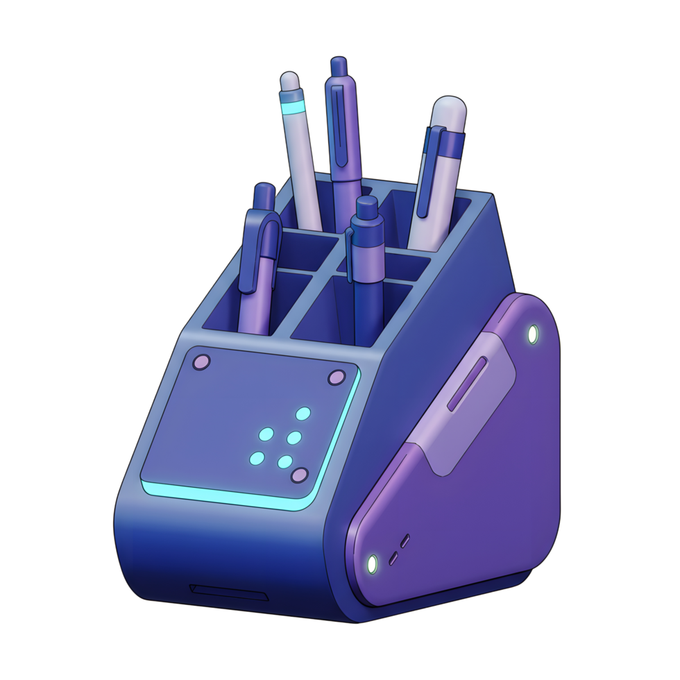 A blue and purple desk organizer holds various pens, showing an organized storage solution for writing utensils. png