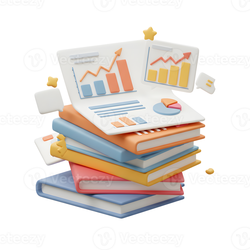 Colorful stack of books topped with data analysis charts and floating elements represents learning business finance, statistics and marketing performance. png