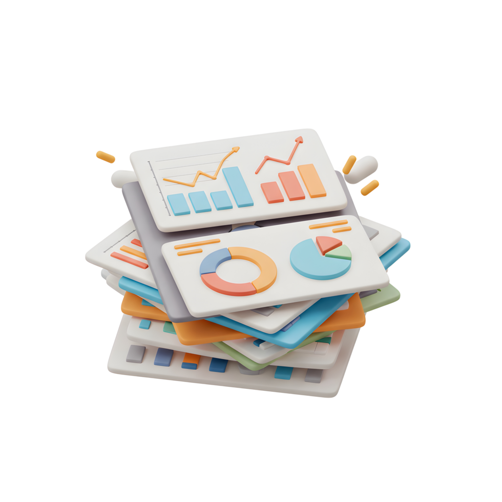 This is a stack of cartoon data charts and graphs, perfect for visualizing business statistics and reporting purposes. png