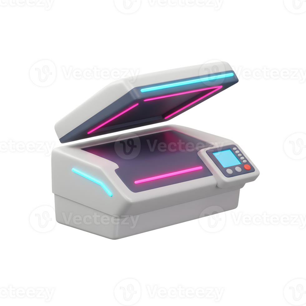 A modern scanner features an open lid and neon lights, suggesting a futuristic and efficient way to digitize documents or images for archival or sharing. png