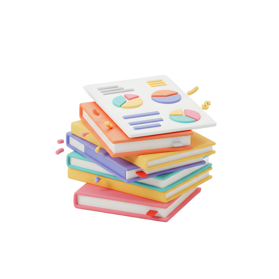 Colorful books are stacked with a report on top, depicting data visualization for learning and presentations. png