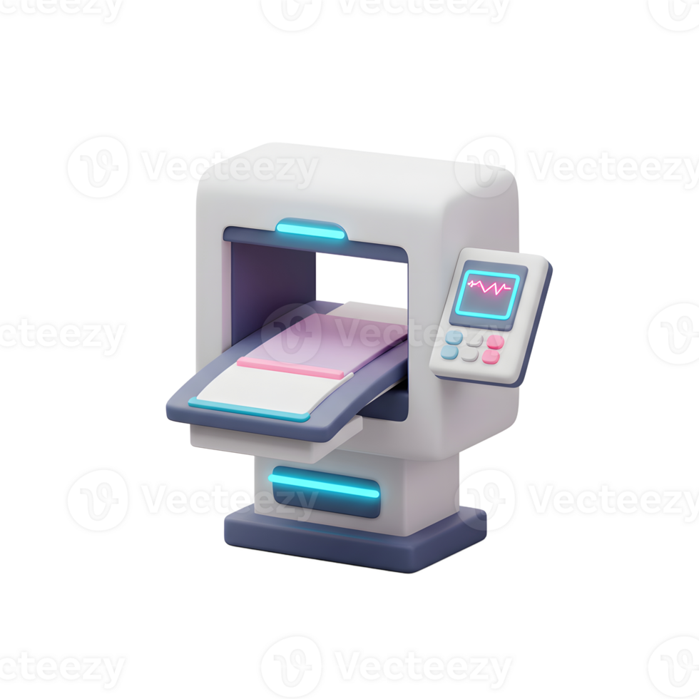 A medical scanner with a bed and monitor displays a heart rhythm, which is used for diagnostic imaging. png