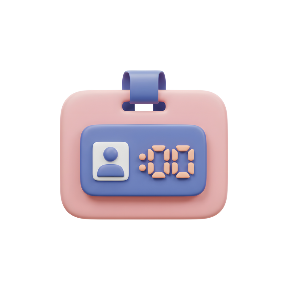 This pink and blue badge features a profile icon and digital clock display, commonly used for identification or attendance tracking. png