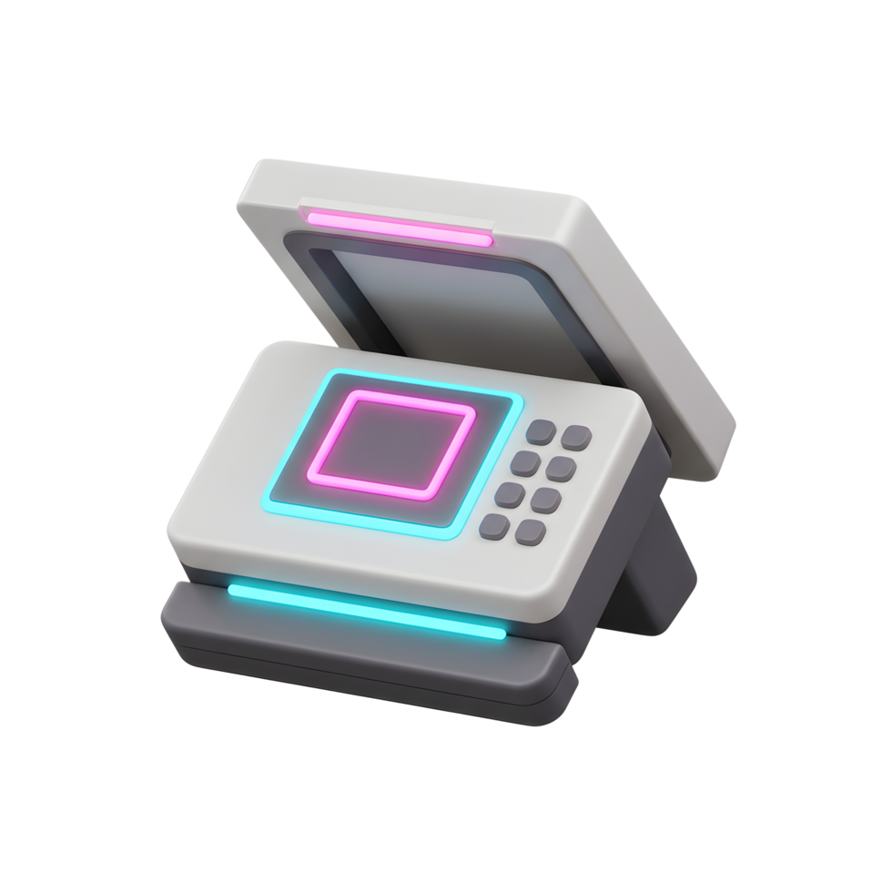 A gray terminal features a bright neon pink screen outline and cyan accents with a keypad, perfect for displaying information or processing transactions. png
