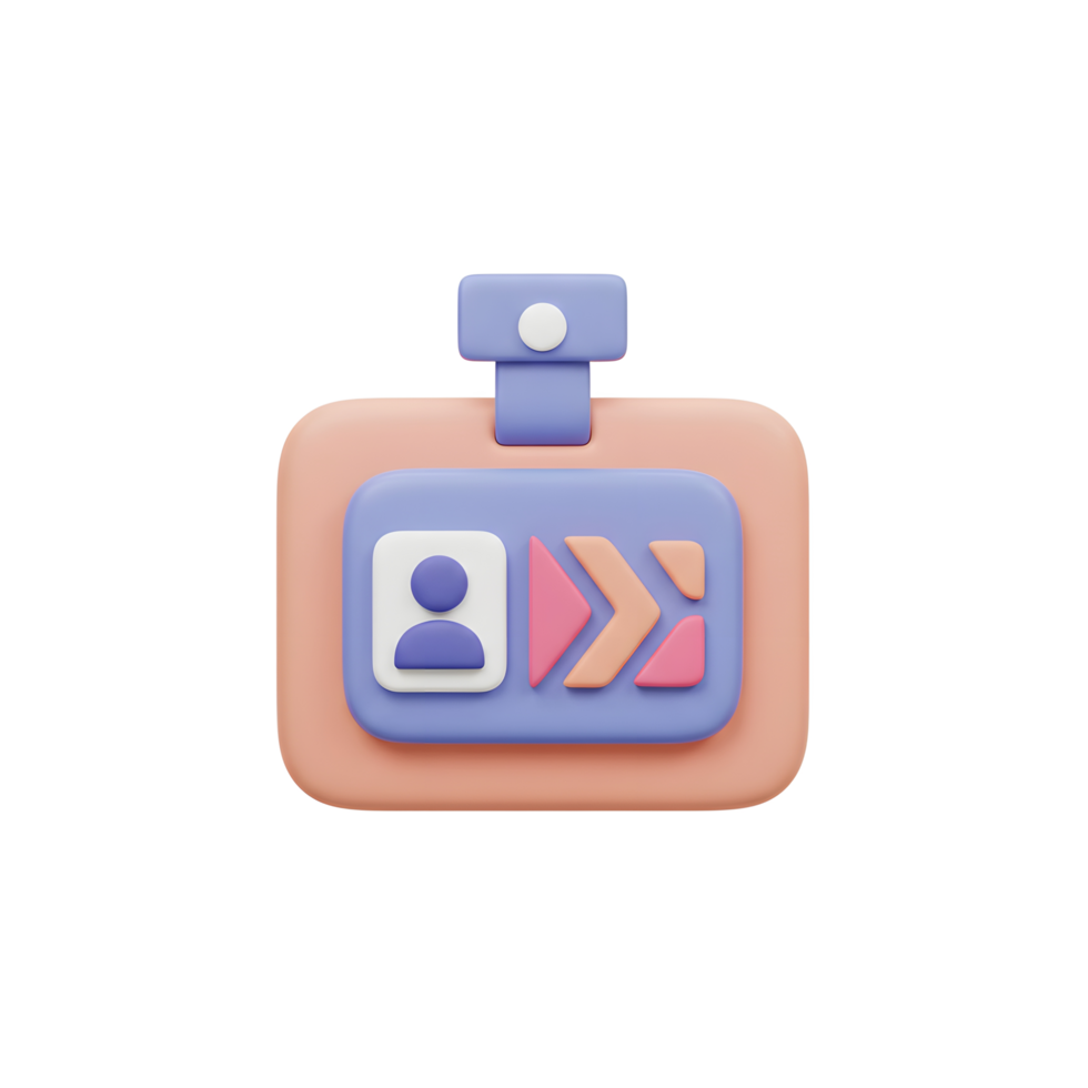 A 3D render of an identification badge displays a simple face icon with arrow shaped decoration, providing a visual representation for access or belonging. png