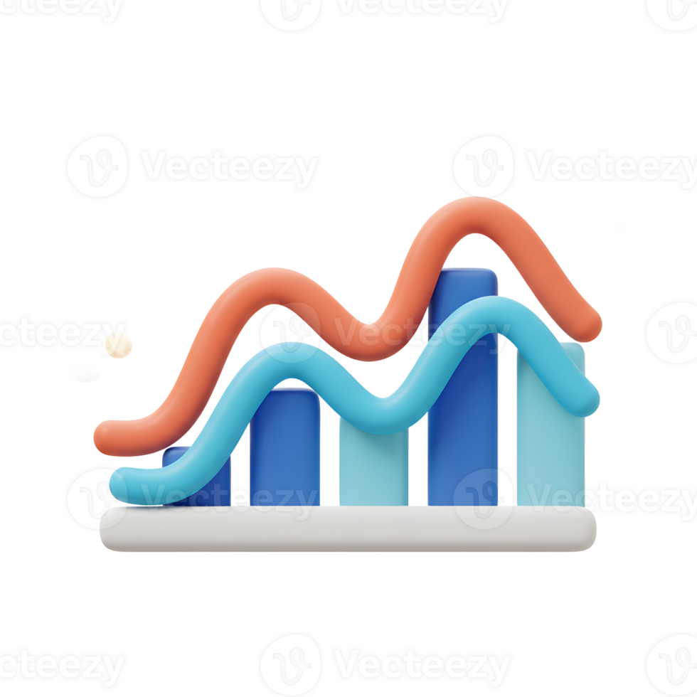 A 3D rendering of a financial chart illustrates data with blue bars and wavy red and blue lines, suitable for presentation purposes. png