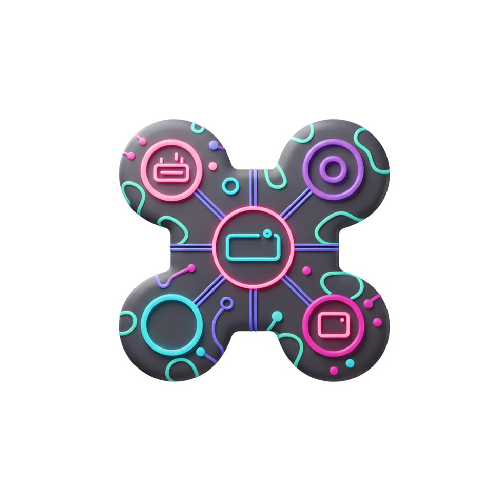 A dark cross shape with rounded edges featuring colorful circular icons and lines creates a connected network design, perfect for illustrating technology concepts. png