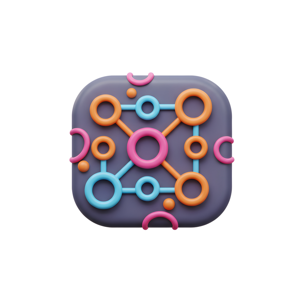 A colorful network of circles and lines sits atop a square platform, useful for representing connections or data flow. png