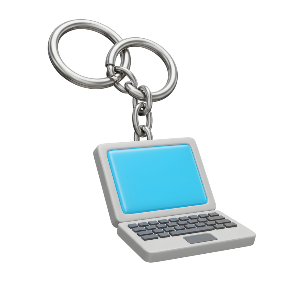 A laptop keychain with a blue screen is attached to metal rings by a silver chain, making it a practical accessory. png