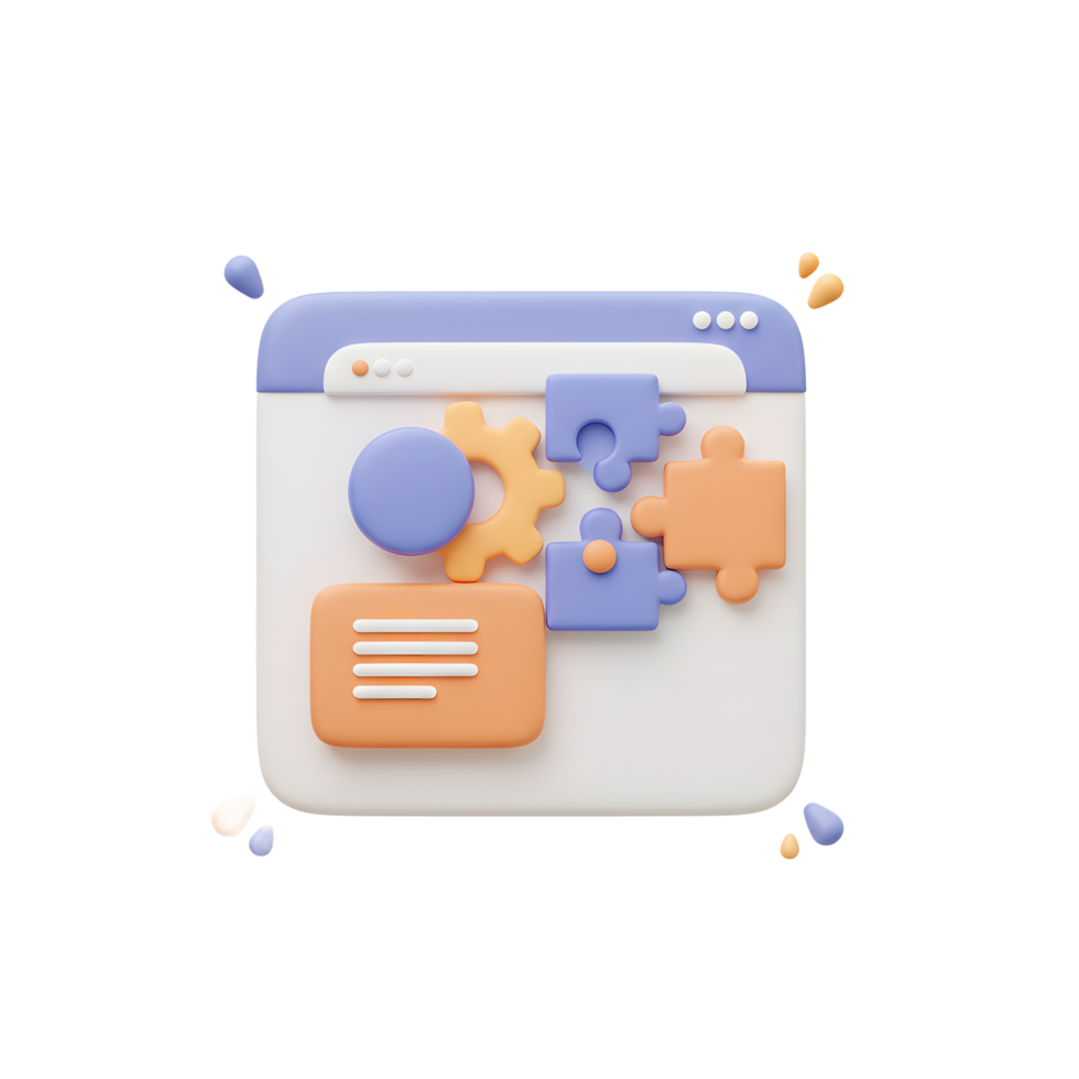 A website interface displays a gear, puzzle pieces, and document outline, suggesting building website functionalities and customization, for web development and software solutions. png