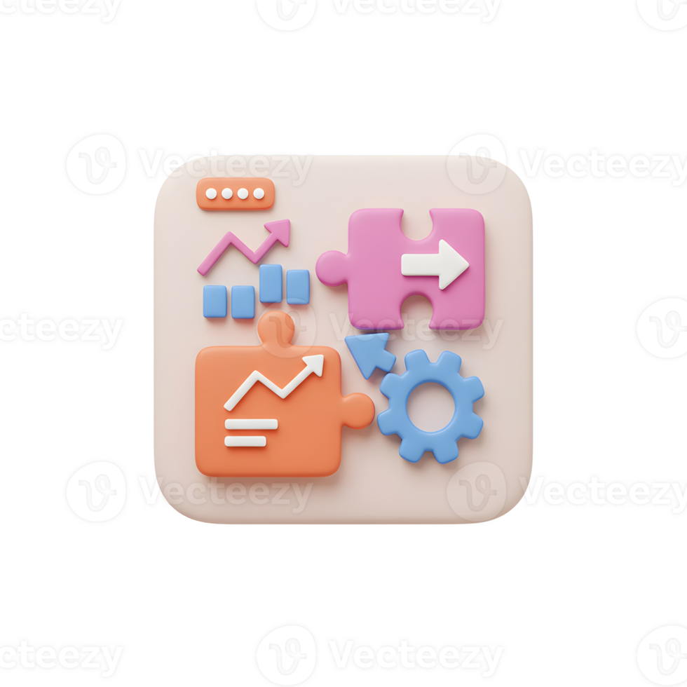 3D illustration shows a business strategy icon with puzzle piece, gear, and graph, representing data analysis for problem solving and decision making. png
