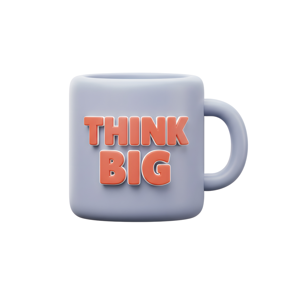 A light blue mug features the text THINK BIG in coral, encouraging a positive mindset for daily inspiration. png