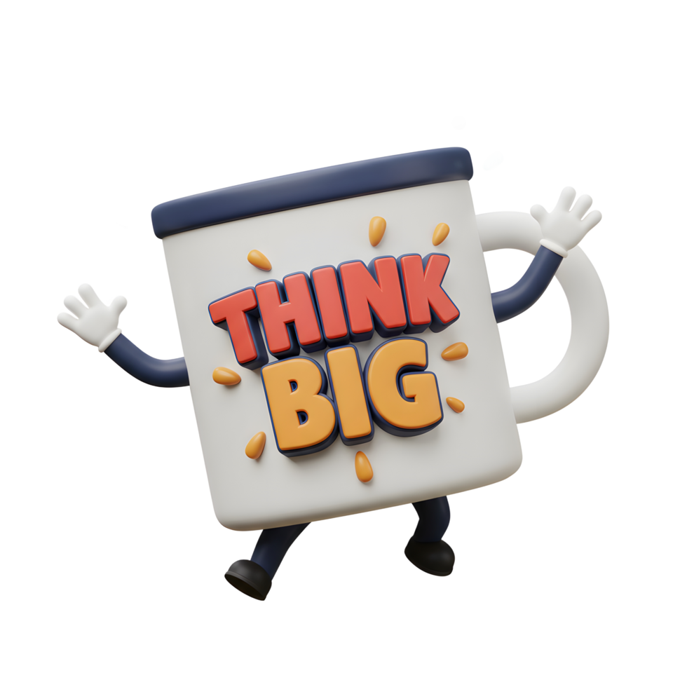 A cartoon mug with arms and legs displays the phrase 'Think Big,' suggesting a message of optimism, applicable for motivational content. png