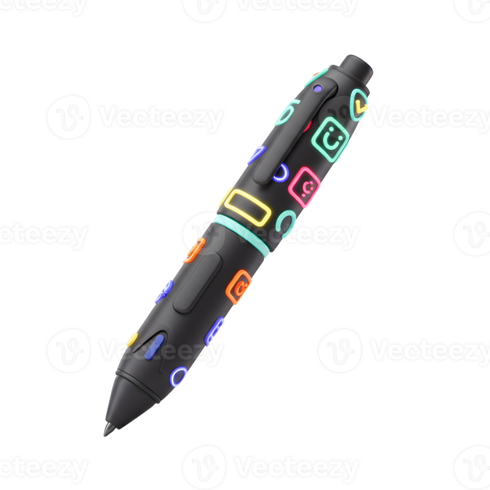 A matte black pen is decorated with glowing colorful icons, lending itself to writing or artistic purposes. png