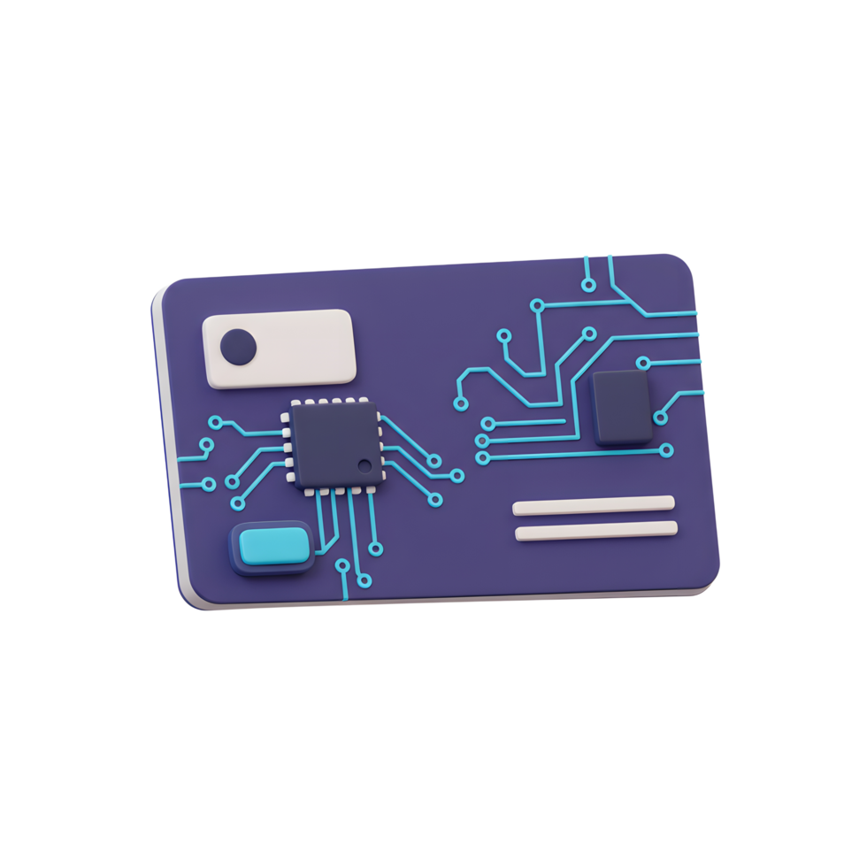 A purple computer chip with blue circuitry and components is depicted in a 3D style, possibly for use in technology related projects. png
