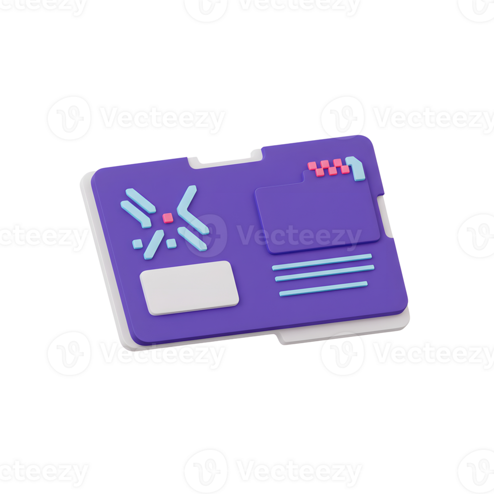 A purple folder containing geometric symbols sits on a white surface, suggesting organization or data storage. png