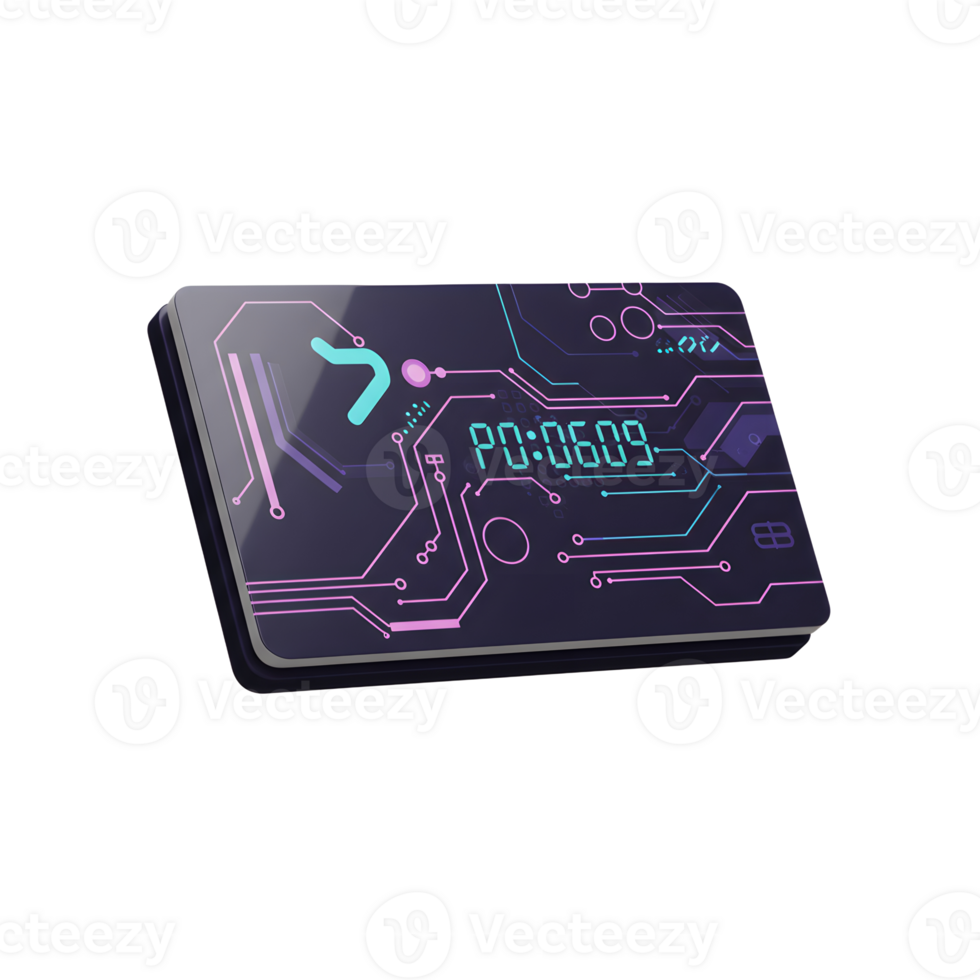 A card with a circuit board design shows the time digitally, indicating its use as a digital timer or similar technology. png