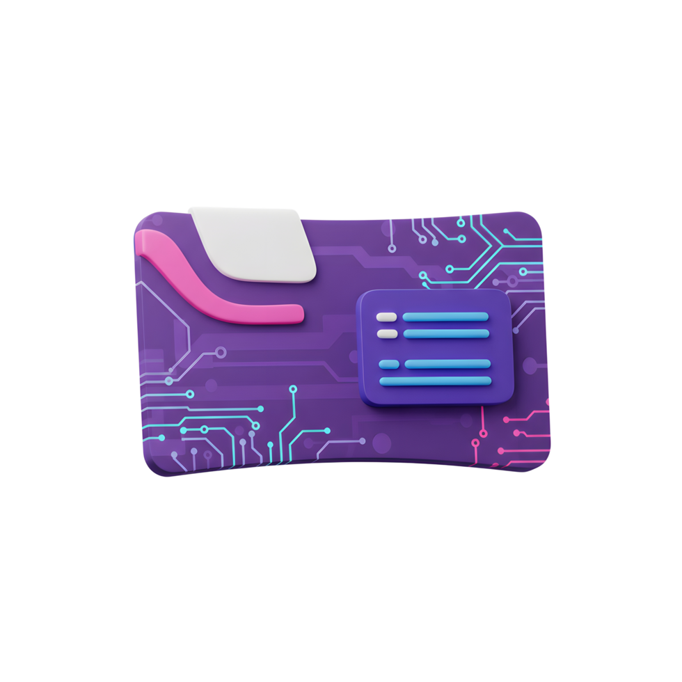 A purple folder featuring a circuit board design and attached information box represents digital data, suitable for illustrating concepts of data storage and organization. png