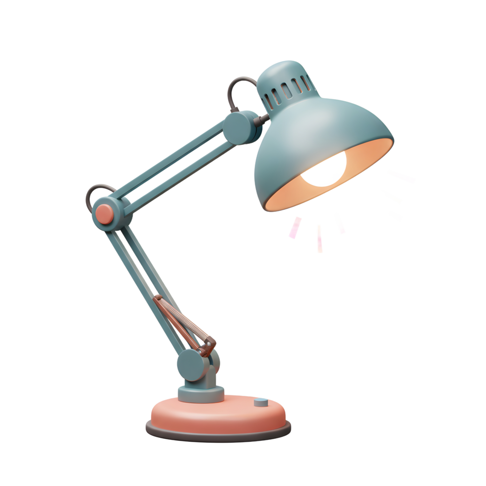 A teal and pink desk lamp illuminates with a visible light bulb, ideal for providing focused lighting. png