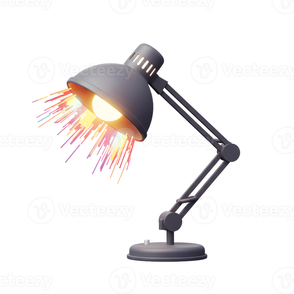 A grey desk lamp shines with a bulb and emanating colorful abstract light, adding a vibrant and unique aesthetic to home or office decor. png