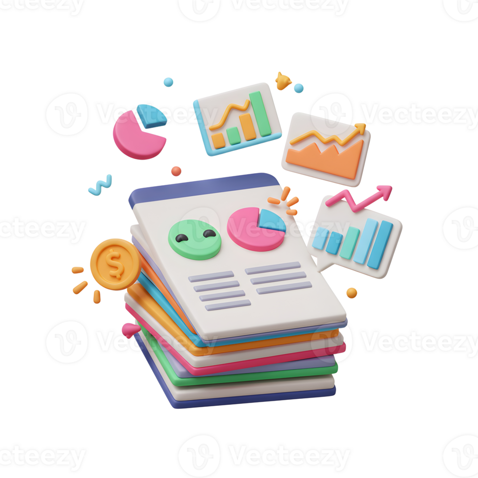 This vibrant 3D rendering shows financial reports with graphs and charts, representing data analysis and insights for business decisions. png