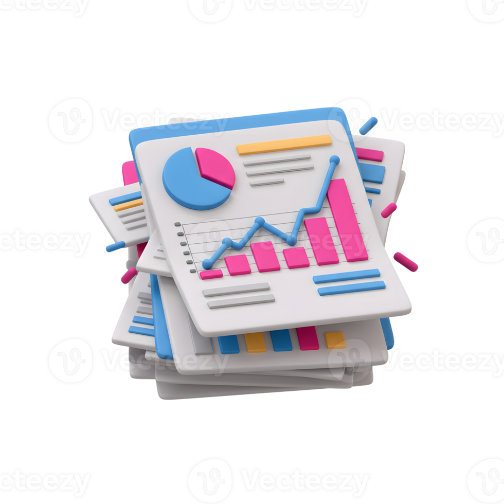 A 3D rendering shows a stack of business reports, complete with pie charts and bar graphs, illustrating data analysis and business performance reporting. png