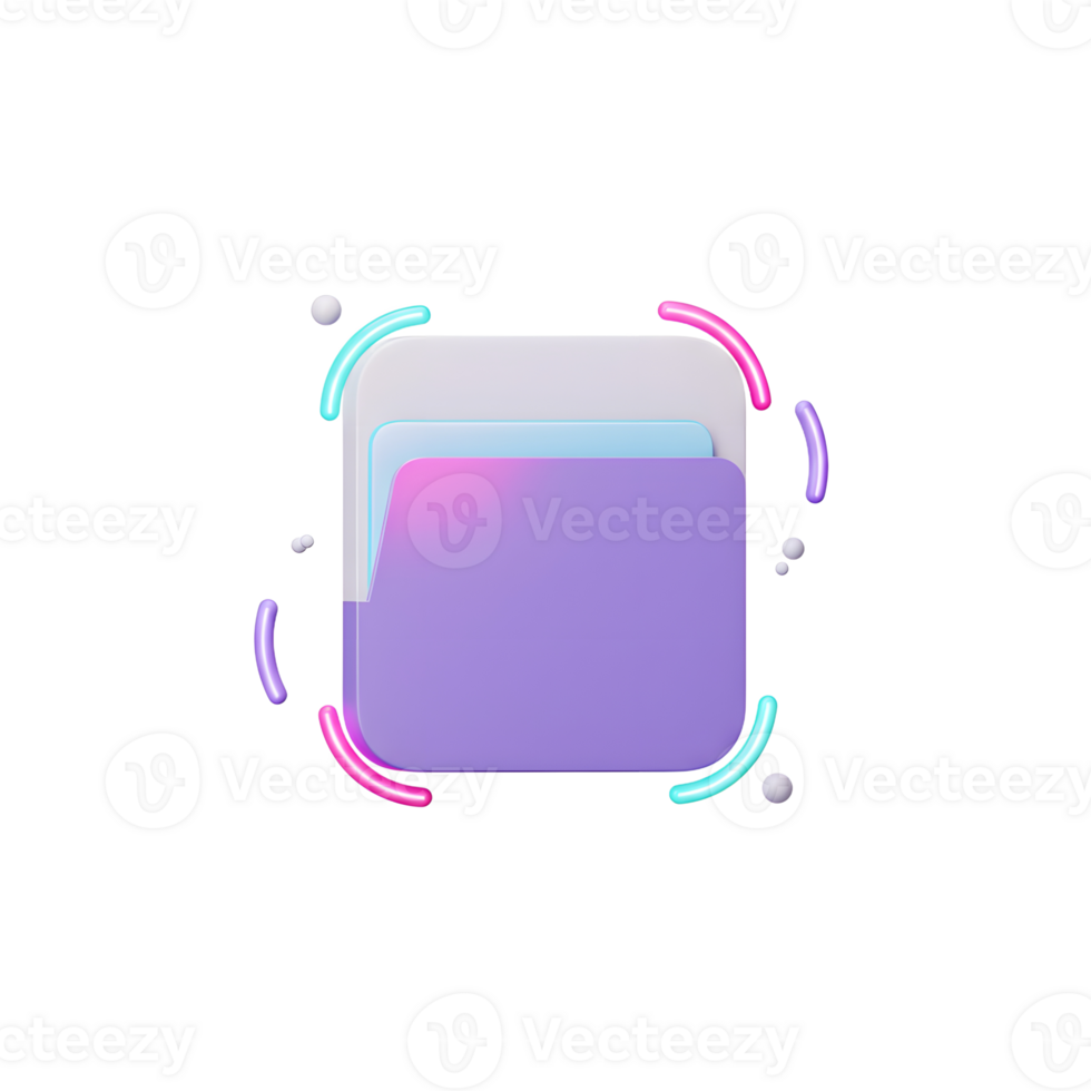 A purple file folder is depicted with pastel abstract designs and surrounding elements creating a playful and modern aesthetic for use in graphic projects. png