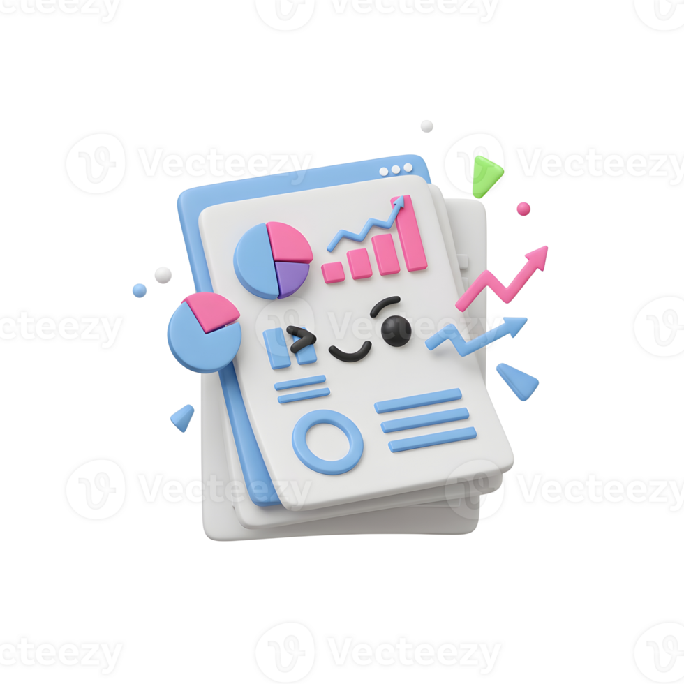 A 3D rendering shows a cute data report with graphs and charts, perfect for illustrating business analytics or reporting purposes. png