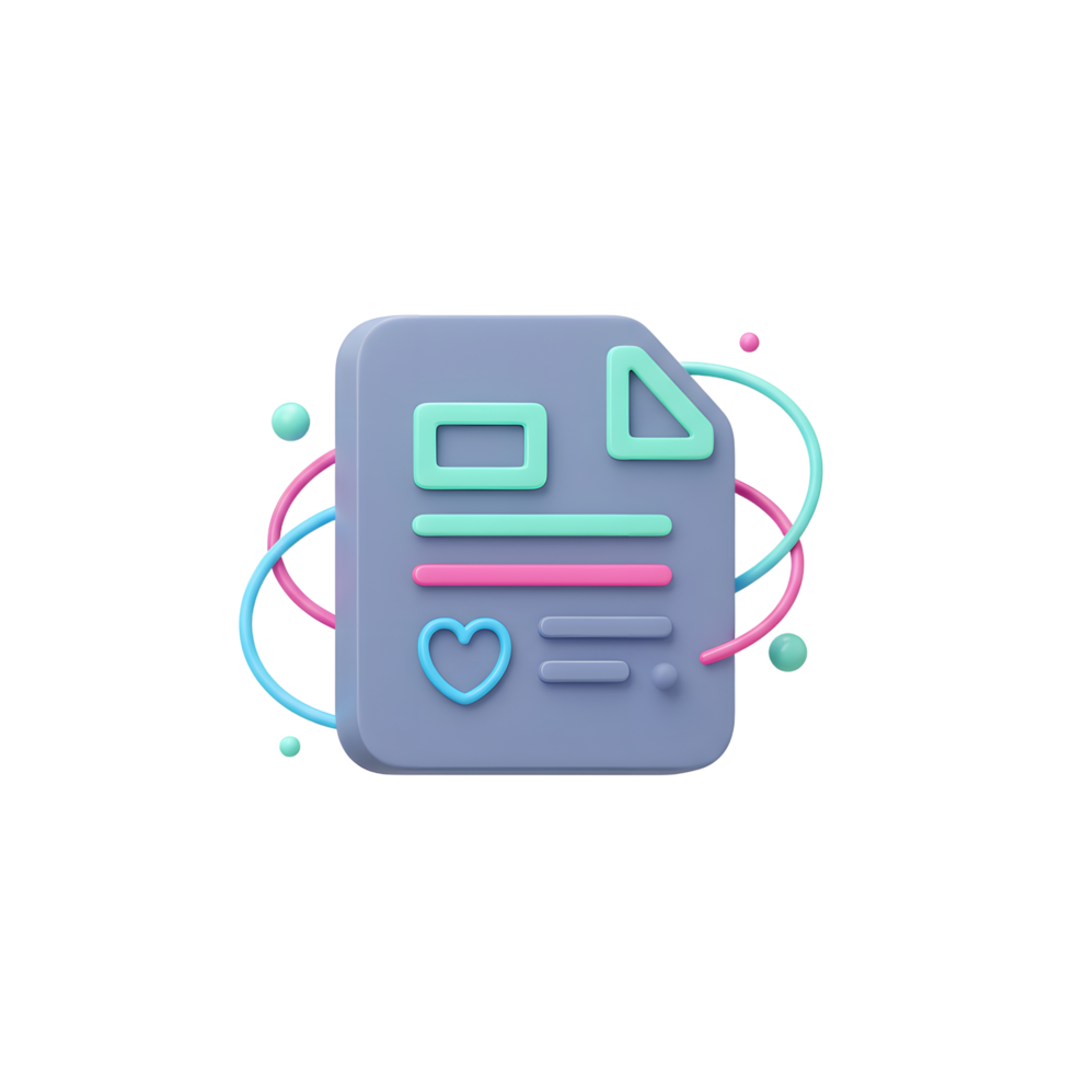 Stylized document featuring geometric shapes and a heart offers a modern and eye catching design element for various presentations and illustrations. png