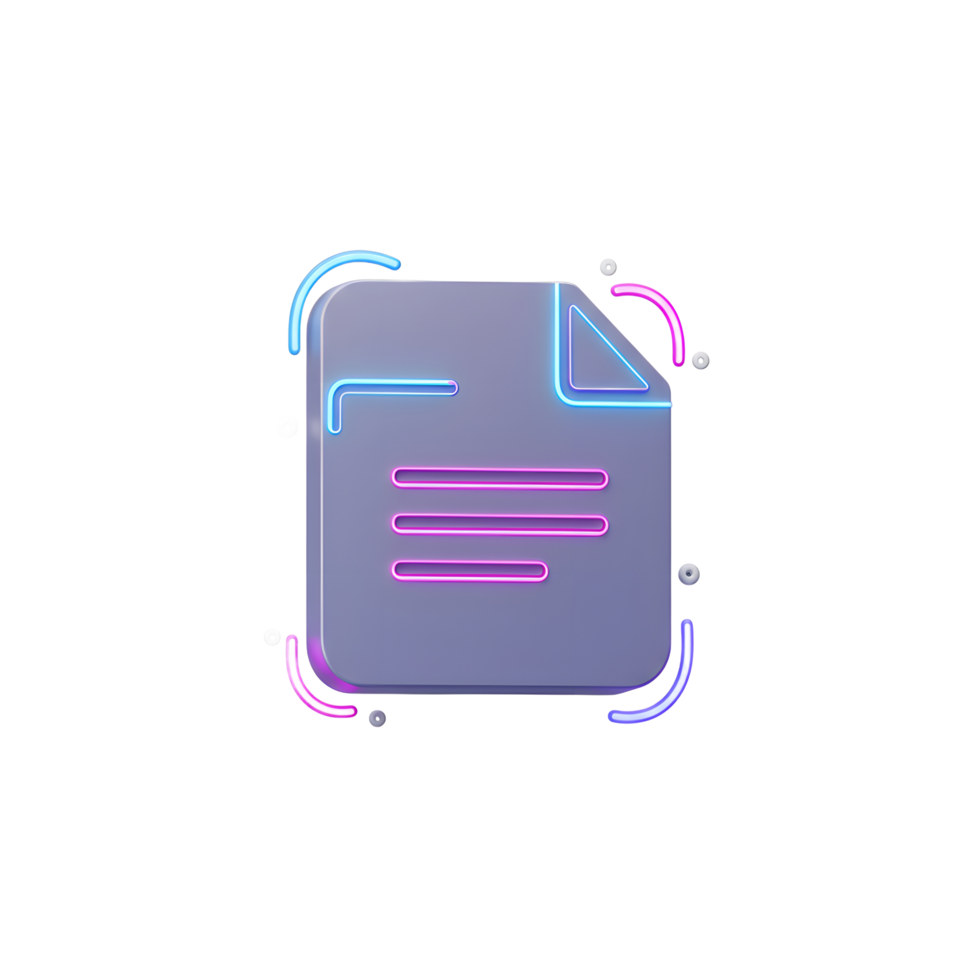 A document icon with neon outlining displays lines of text, illustrating a digital file representation for content and information. png