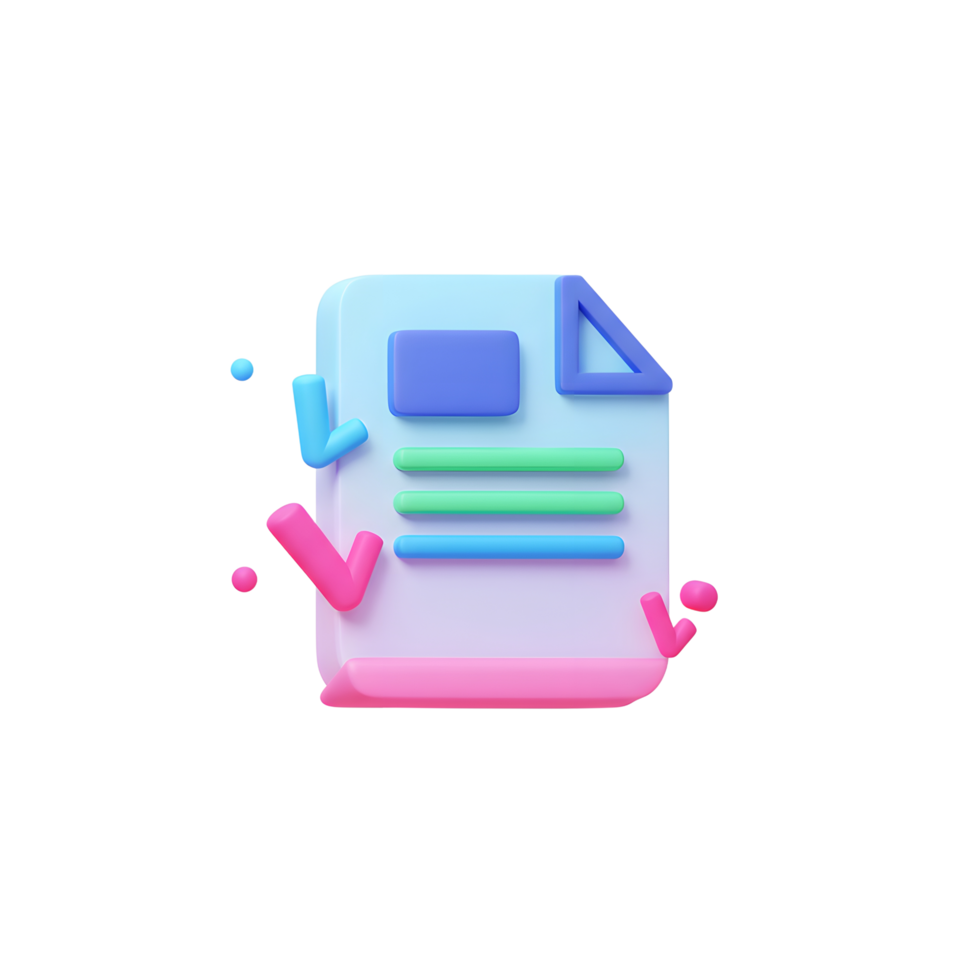 Stylized document is covered with colorful checkmarks and geometric shapes, representing verification and approval process for documents or form fillings. png