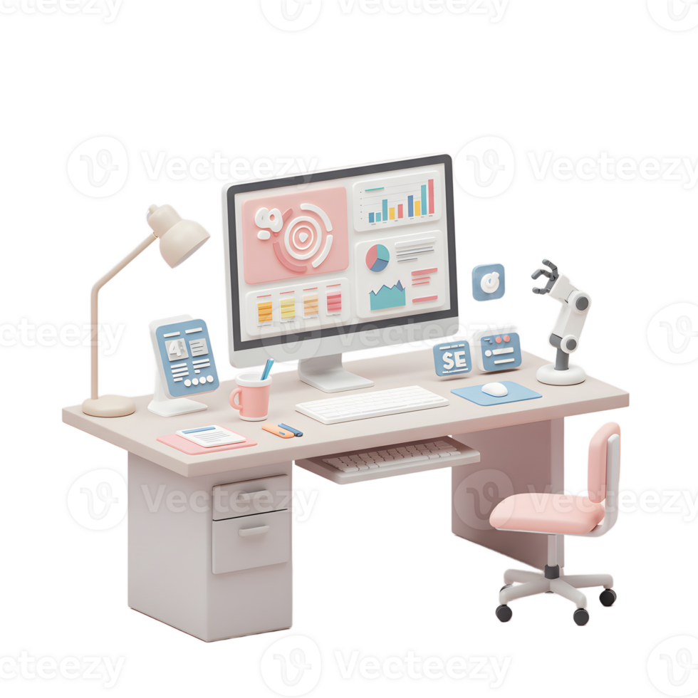 Pastel colored office desk setup with a computer displaying data analytics, accompanied by a robot arm, is shown for use in office work. png