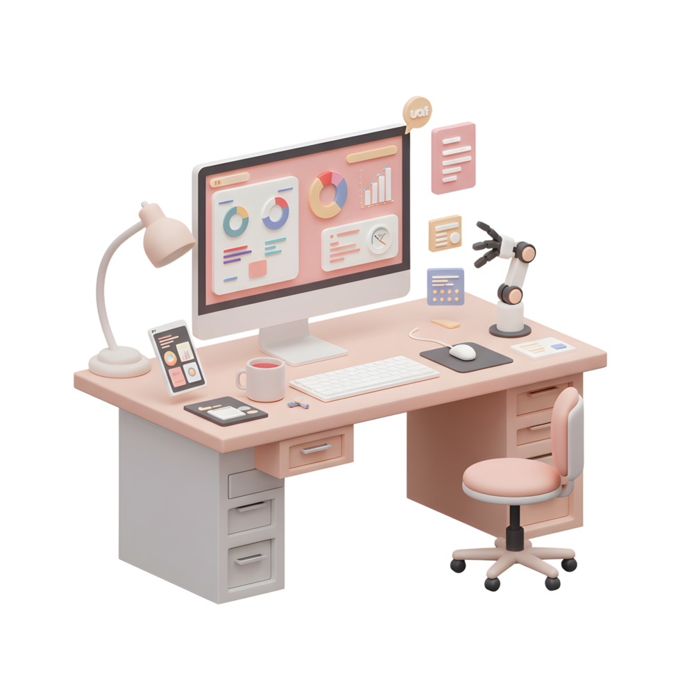 A desk setup features a computer displaying charts, along with various objects, showcasing a modern workspace for data analysis. png