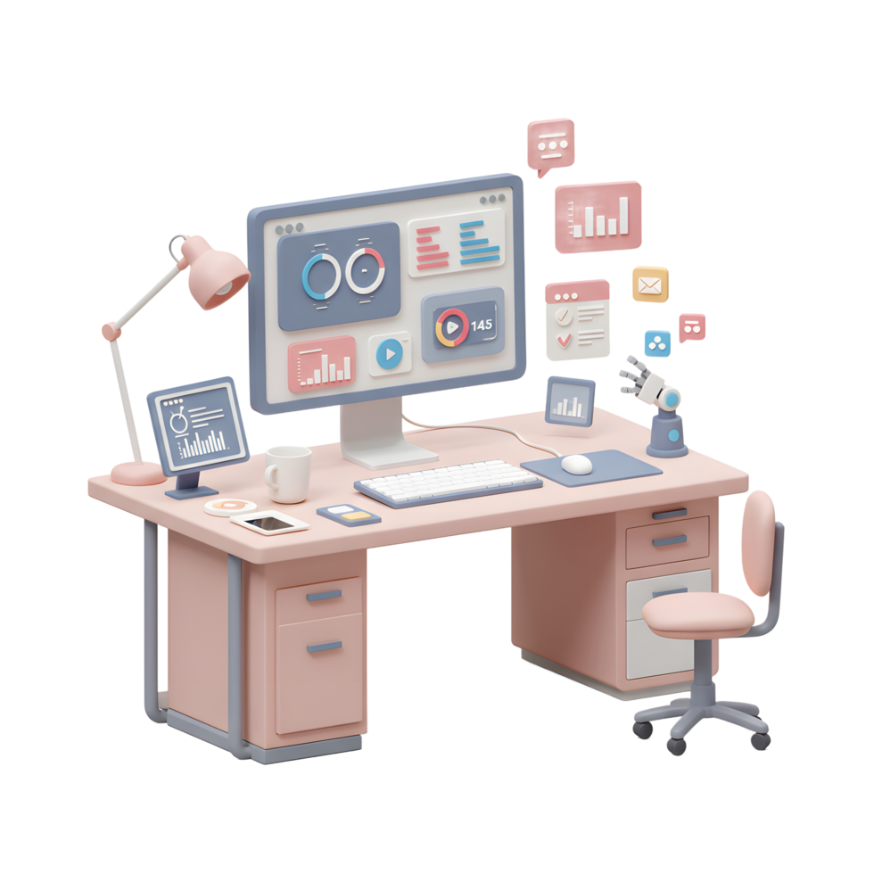 A pastel office desk setup with computer showing data charts and other icons, suitable for visualizing data analysis or remote work. png