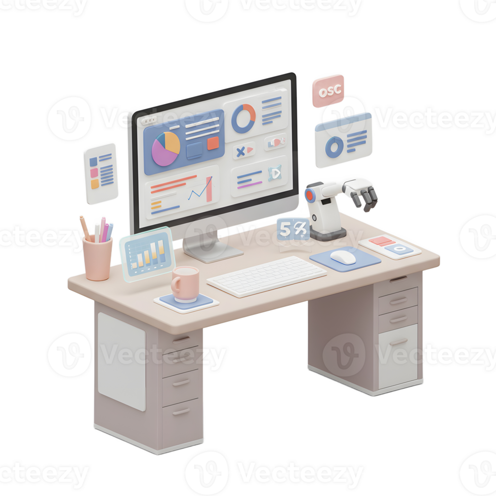 A clean 3D rendered desk features a computer displaying charts and graphs, alongside a robotic arm, showcasing a modern and efficient workspace. png