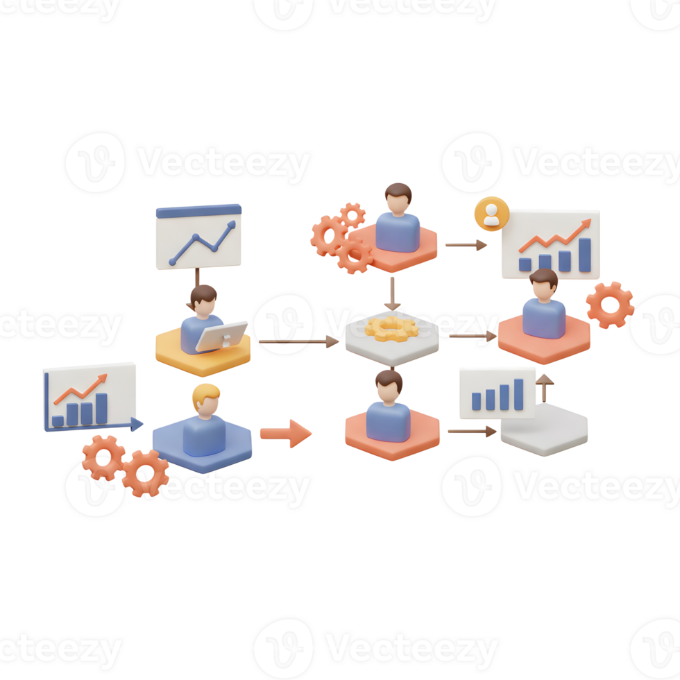 A 3D diagram illustrates a business process flow with figures and ascending graph icons, perfect for visualizing organizational structure and workflow. png