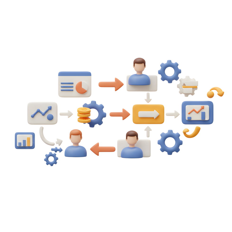 A 3D rendered illustration shows a diagram of a business workflow with human figures and arrows depicting a data flow for illustrating business processes. png