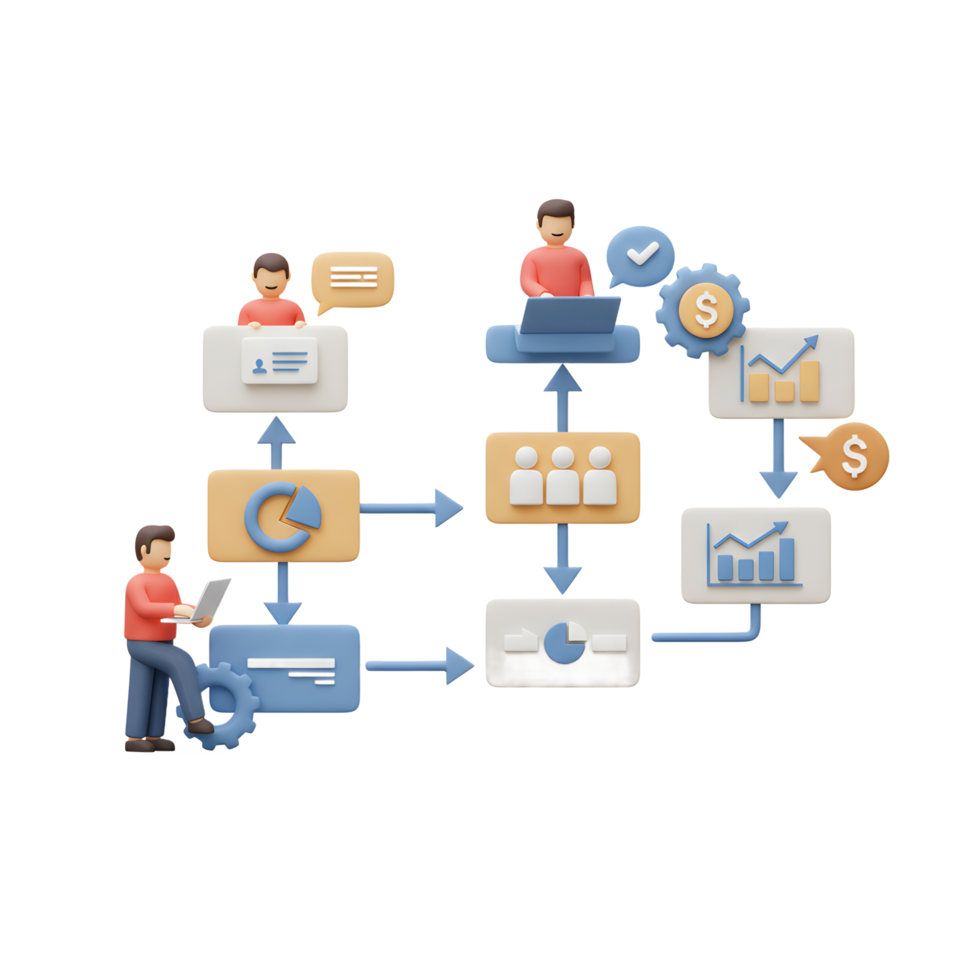 A 3D render of a workflow diagram shows figures interacting with charts, gears, and money icons, illustrating business processes and strategies. png