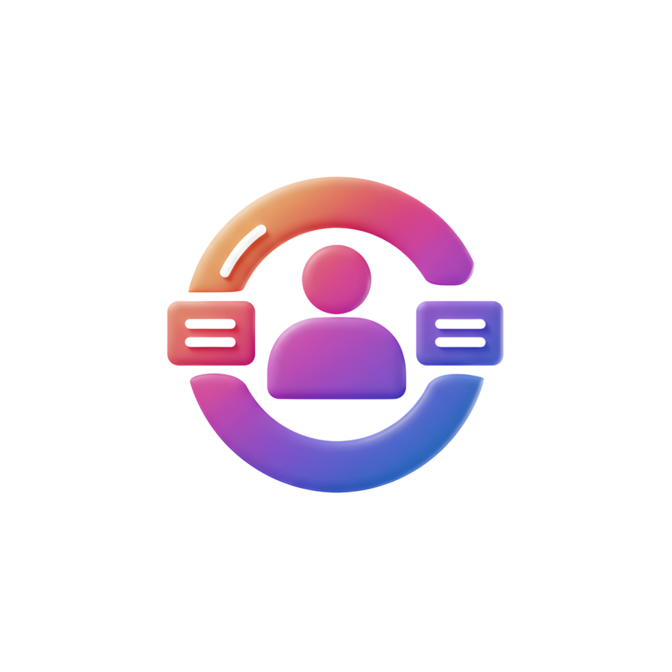 A 3D icon featuring a person surrounded by chat bubbles and a colorful circle, often used for communication or networking concepts. png