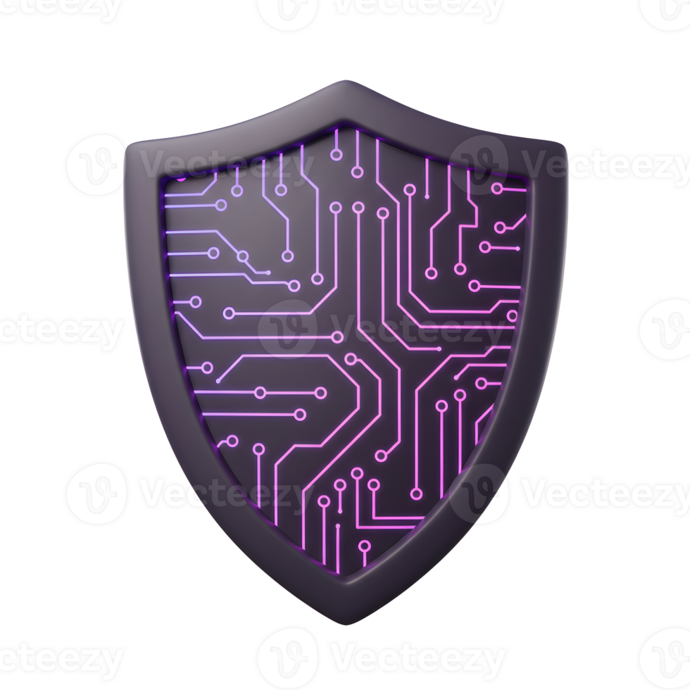 A stylized dark shield is decorated with a glowing circuit board design, offering a modern concept for digital protection and security. png
