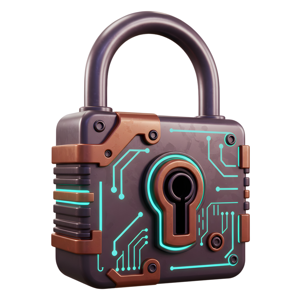 A steampunk style padlock featuring circuit board details and a keyhole offers a unique security solution for digital assets. png