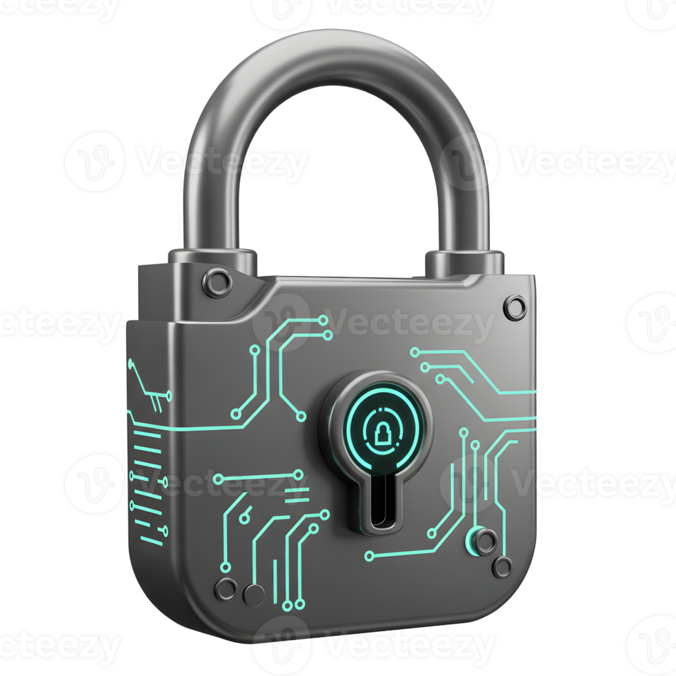 A silver padlock with a circuit board design and keyhole symbolizes digital security, and it can be used for website or data protection. png