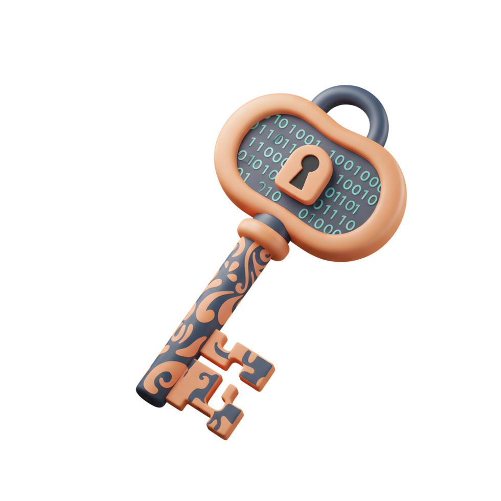This digital key with binary code conveys a message of online security and data protection for internet or software applications. png