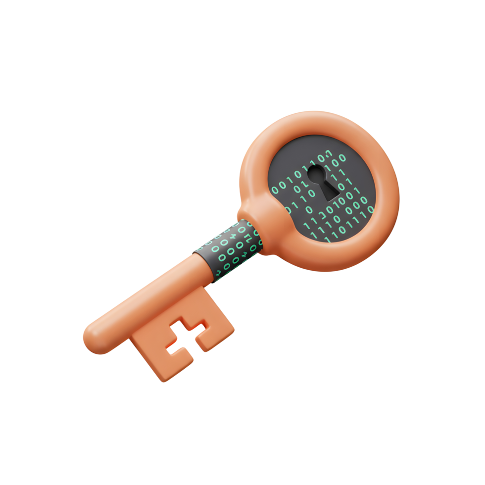 An orange key features binary code patterns on its handle and head, suggesting concepts such as encryption or digital access, with versatile applications in tech related projects. png