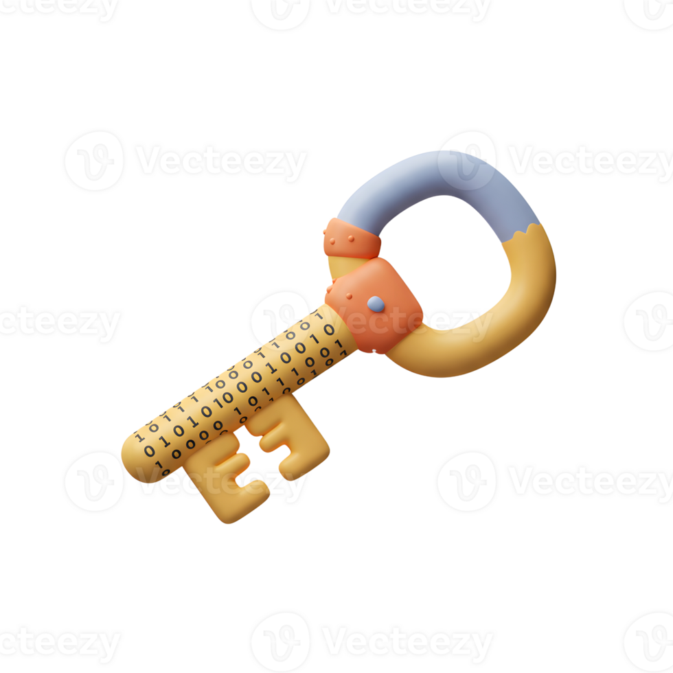 A cartoon style key with binary code design is presented on an isolated background, suitable for digital or tech related illustrations. png