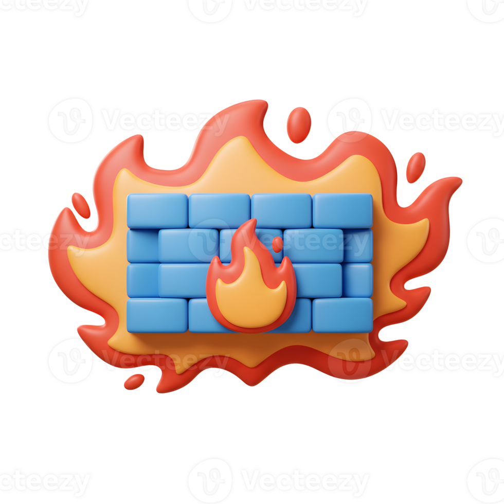 A cartoon firewall block is surrounded by cartoon fire, for use in online security graphics. png
