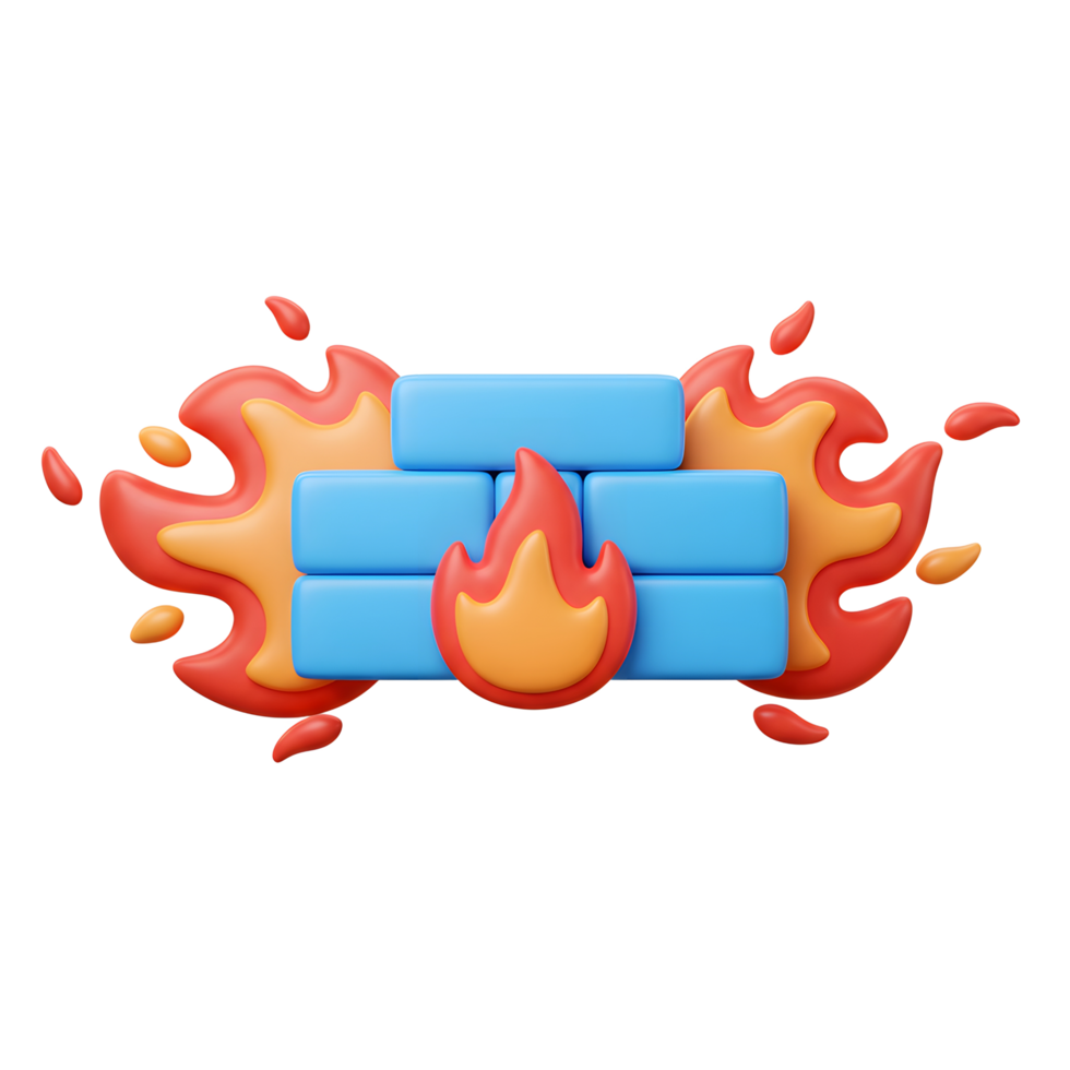 A 3D rendered firewall illustration features a light blue brick wall being protected by an orange and red flame, showing secure use of technology. png