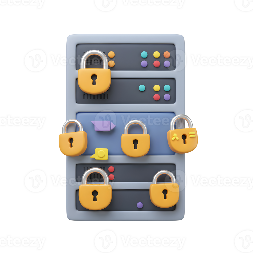 A server is secured with several yellow padlocks, indicating protection against unauthorized access and enhancing overall data safety for servers. png